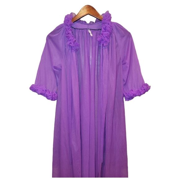 Vintage Union Made ILGWU Purple Sheer Ruffle Sleeve House Coat Robe M - Picture 4 of 13